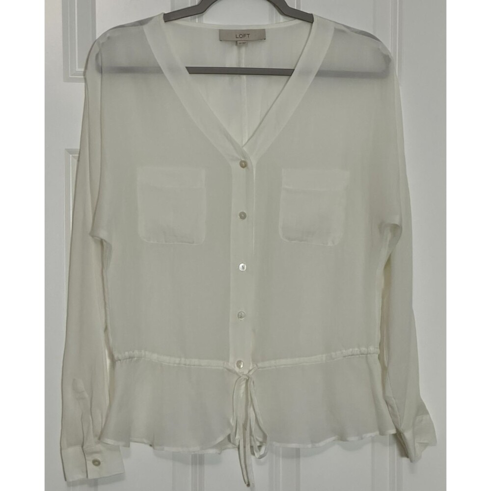 LOFT Sheer Button Front Blouse XS Drawstring Waist Clean Girl Romantic Feminine‎